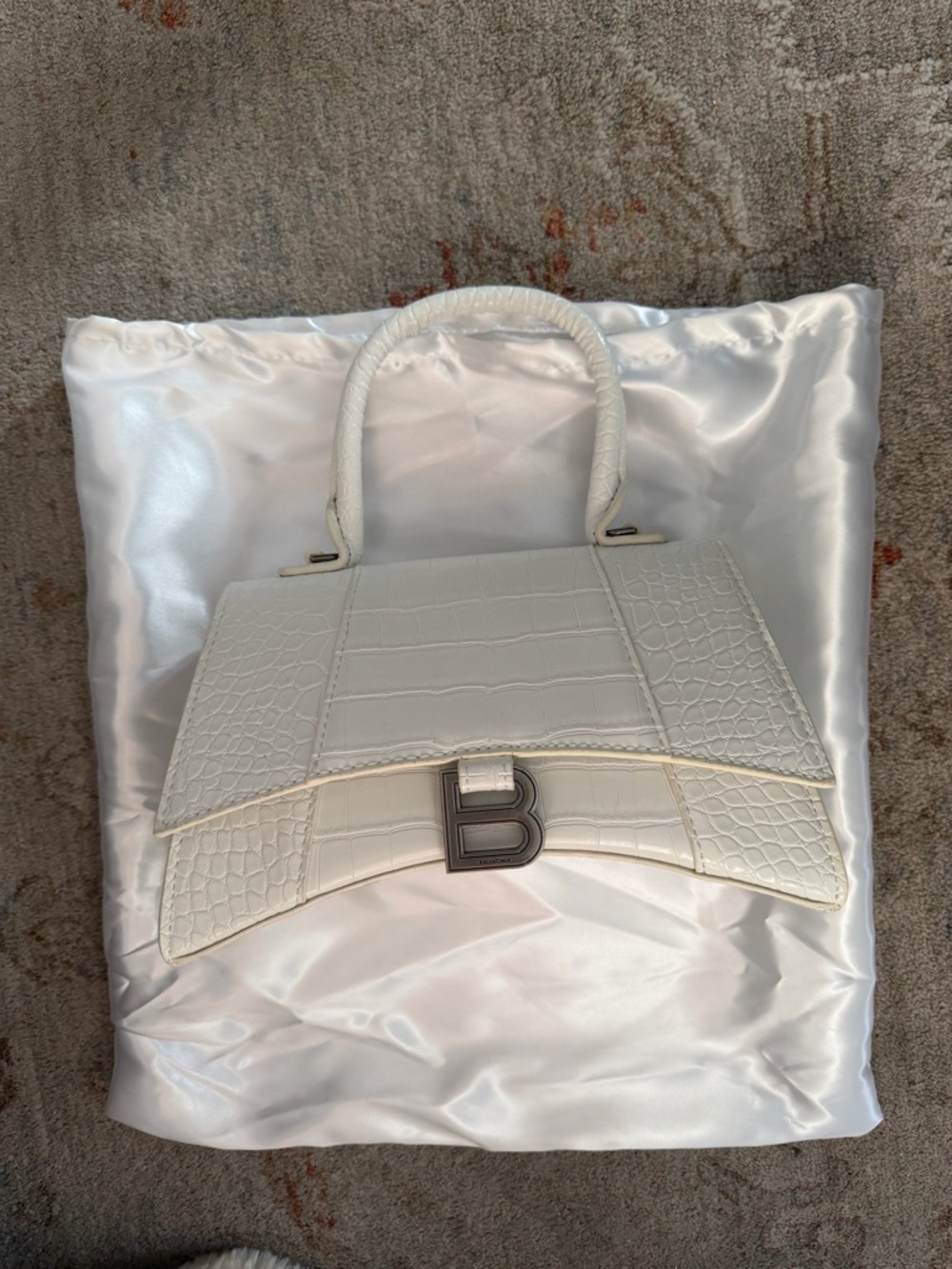 White Croc-Embossed Top Handle Bag